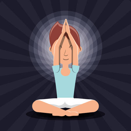 cartoon man practicing  yoga in a lotus pose icon over black background colorful design vector illustrationのイラスト素材