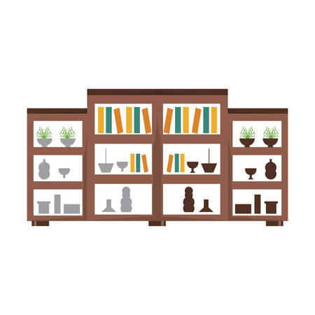 wooden Shelves Unit with decorative objects and books over white background vector illustrationのイラスト素材