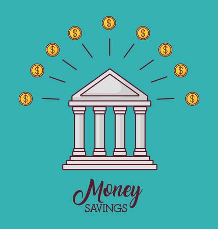 Bank icon and money coins around over turquoise background colorful design vector illustrationのイラスト素材