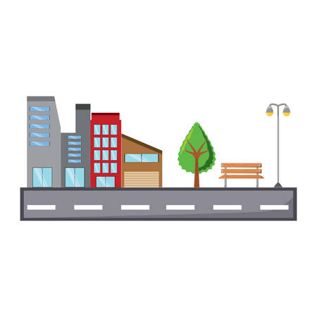 road with city buildings over mountains landscape and white background colorful design vector illustrationのイラスト素材