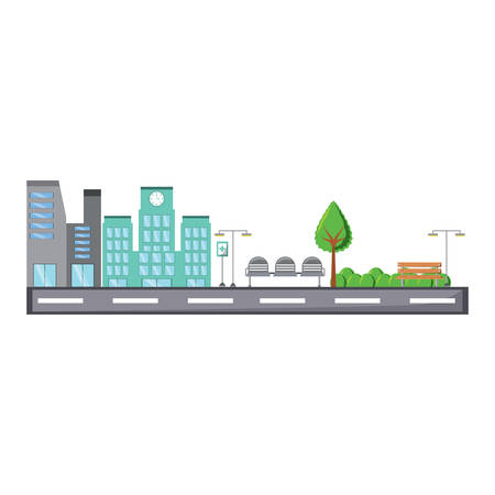 Road with city buildings over mountains landscape and white background colorful design vector illustrationのイラスト素材
