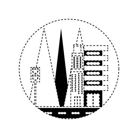 Road with city buildings over mountains landscape and white background vector illustration.のイラスト素材