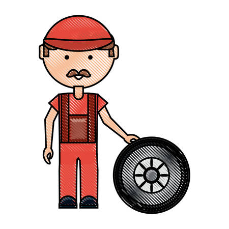 Cartoon mechanic man with a car tire over white illustration with colorful design.のイラスト素材