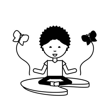 Beautiful butterflies around cartoon man practicing yoga over white illustration.のイラスト素材