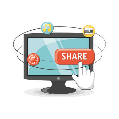 A computer with video content related icons over white background colorful design vector illustrationのイラスト素材