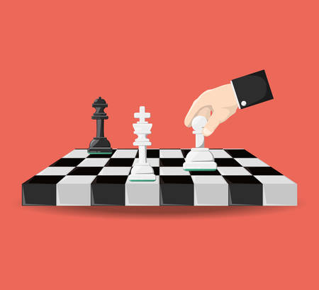 Hand holding a pawn of the chess board over red illustration.のイラスト素材