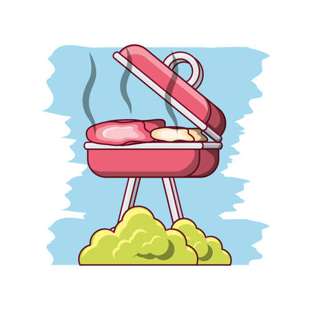 bbq grill with grilled food over blue and white background colorful design vector illustrationのイラスト素材