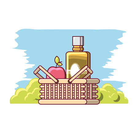 picnic basket with apple and juice bottles over white background colorful design vector illustrationのイラスト素材
