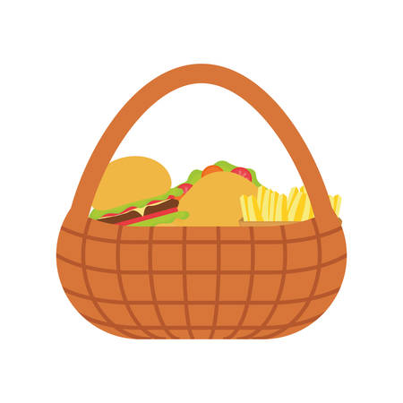 colorful basket with burger and french fries over white background vector illustrationのイラスト素材
