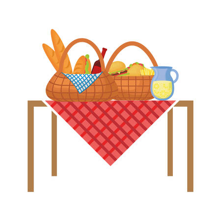 colorful picnic image with baskets burguer french fries  beer bottle and juice jar over white background  vector illustrationのイラスト素材