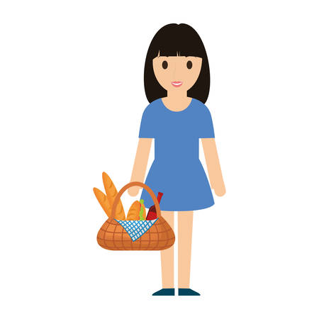 woman  black  hair  with picnic basket   over white background  vector illustrationのイラスト素材