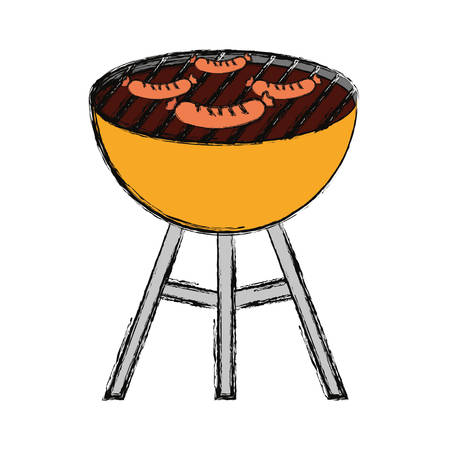 flat line colored  barbecue grill  with sausages over white background  vector illustrationover white background  vector illustrationのイラスト素材