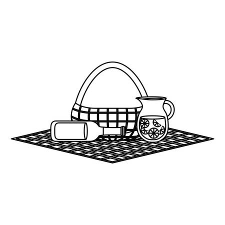 picnic tablecloth with basket and drinks over white background vector illustrationのイラスト素材
