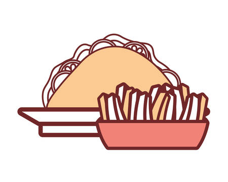 Flat line colored sandwich on plate with french fries over white  illustration.のイラスト素材
