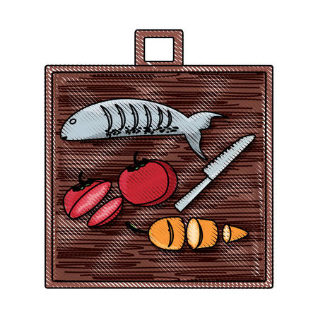 cutting board with preparation of  fish and vegetables  icon over white background colorful design  vector illustrationのイラスト素材