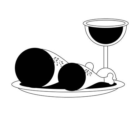 wine glass and dish with ham legs icon over white background vector illustrationのイラスト素材