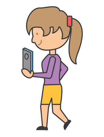 Cartoon woman holding  a smartphone iconのイラスト素材