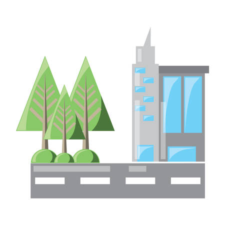 Trees at the urban city landscape street with buildings over white background colorful design vector illustrationのイラスト素材