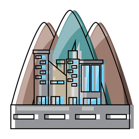 Mountains and urban city landscape street with buildings over white background colorful design vector illustrationのイラスト素材