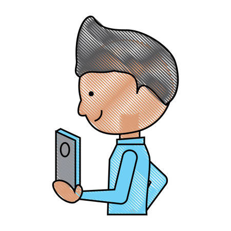 Cartoon man holding  a smartphone iconのイラスト素材