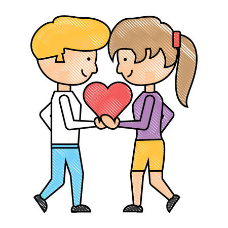 Cartoon beautiful couple holding a heart icon over white background colorful design vector illustrationのイラスト素材