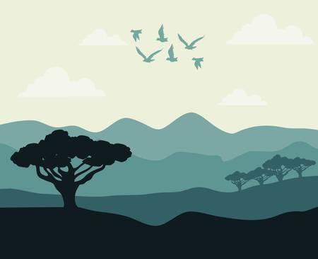 realistic mountain landscape with a forest under the sky vector illustration graphic designのイラスト素材