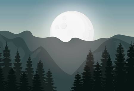 landscape in the night with full moon and forest vector illustration graphic designのイラスト素材