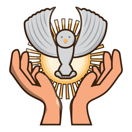 cartoon dove in hands icon over white background colorful design vector illustrationのイラスト素材