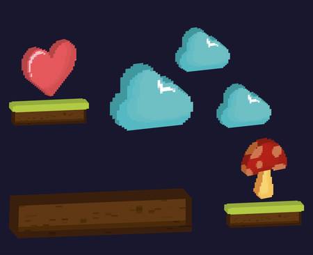 video game pixelated interface with clouds and coins over black background colorful design vector illustrationのイラスト素材