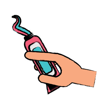 hand holding a toothpaste icon over white background colorful design vector illustrationのイラスト素材