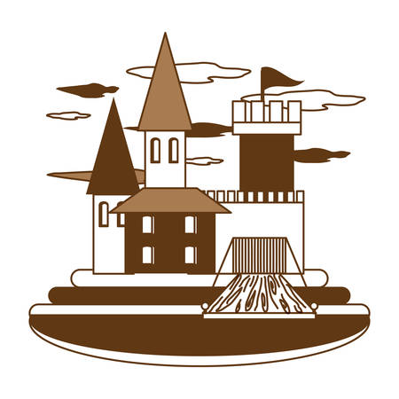 Medieval castle with towers and drawbridge, surrounded by water over white background vector illustrationのイラスト素材