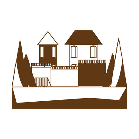Medieval castle with tower and surrounded with  trees over white background, monochrome design. vector illustrationのイラスト素材