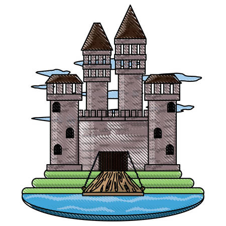 Medieval castle with towers and drawbridge, surrounded by water over white background vector illustrationのイラスト素材