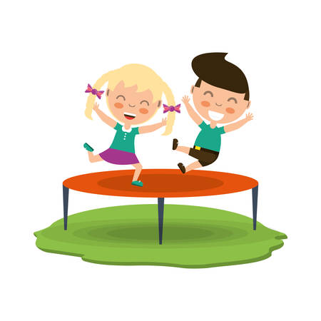 cartoon happy kids jumping on the trampoline icon over white background colorful design vector illustrationのイラスト素材