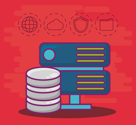 Router and data server disks with big data related icons around over background colorful design vector illustration.のイラスト素材