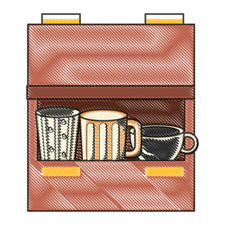 kitchen drawer with coffee mugs over white background, colorful design. vector illustrationのイラスト素材