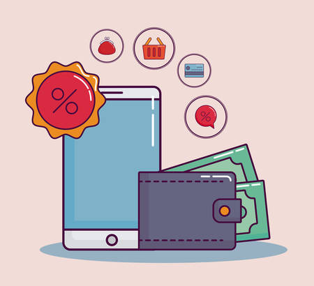 smartphone and wallet with discount related icons over white background colorful design vector illustrationのイラスト素材