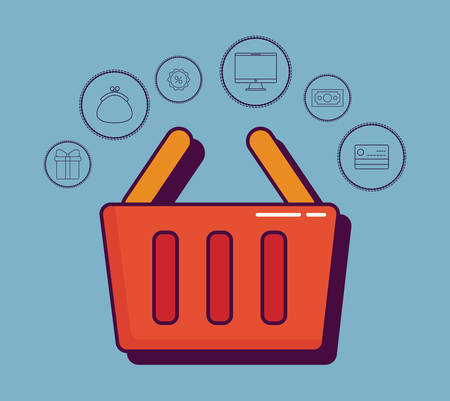 shopping basket with discount related icons over blue background colorful design vector illustrationのイラスト素材