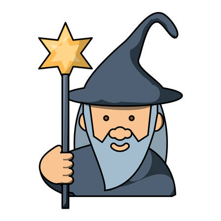 cartoon wizard holding a magic wand  over white background, colorful design. vector illustrationのイラスト素材