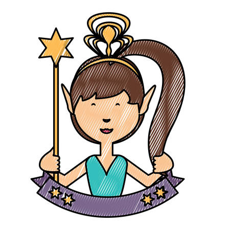 emblem with cartoon fairy girl and decorative ribbon  over white background, colorful design. vector illustrationのイラスト素材