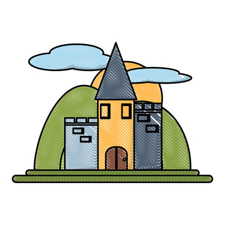 Medieval Castle Surrounded by mountains  icon over white background, colorful design. vector illustrationのイラスト素材