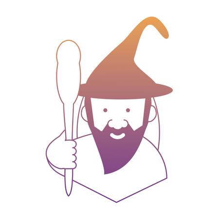 cartoon wizard holding a magic staff over white background, monochrome design.のイラスト素材