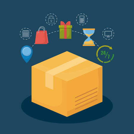 Shopping online design with package delivery 24/7 hours illustration on blue background.のイラスト素材