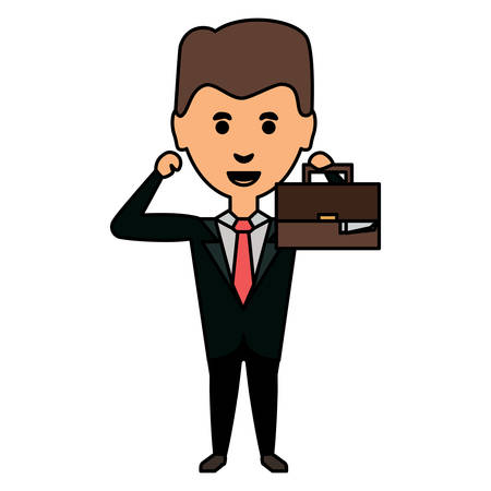 Cartoon young businessman standing and holding a briefcase over white background vector illustrationのイラスト素材