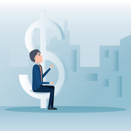 Man sitting on dollar sign. Vector illustration. Business concept designのイラスト素材
