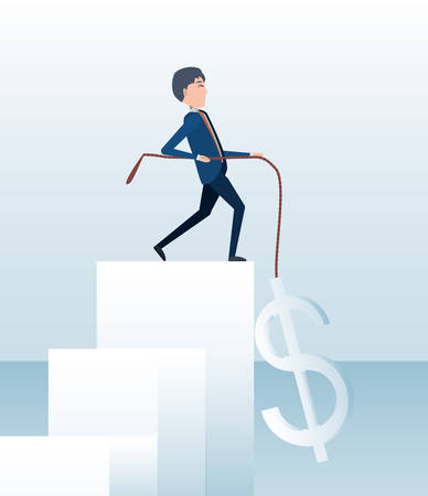 Cartoon businessman pulling with a rope a money sign over grey and blue background, colorful design vector illustrationのイラスト素材