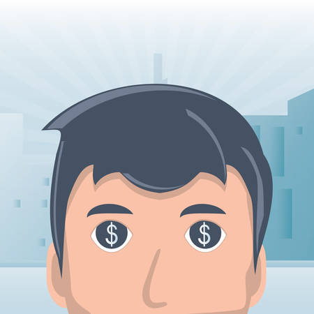 Cartoon businessman with money eyes over gray and blue background, colorful design vector illustrationのイラスト素材