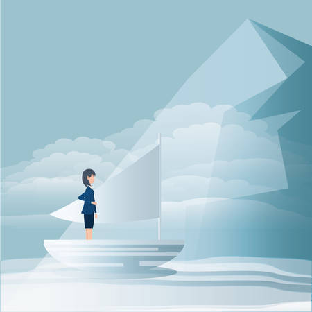 cartoon businesswoman looking forward to the success on a sailboat over gray and blue background vector illustrationのイラスト素材