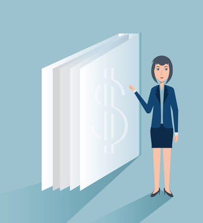 Cartoon businesswoman with money book over blue and gray background, colorful design vector illustrationのイラスト素材