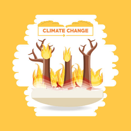 Climate change design with global warming effect with burning trees icon over white and yellow background, colorful design vector illustration.のイラスト素材